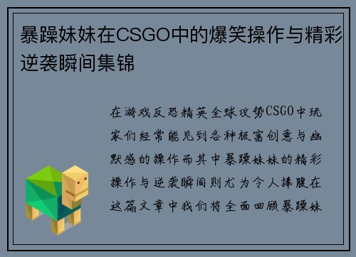 暴躁妹妹在CSGO中的爆笑操作与精彩逆袭瞬间集锦
